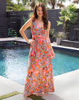 24seven Comfort Apparel Womens Pink Paisley Print V Neck Empire Waist Sleeveless Maxi Dress