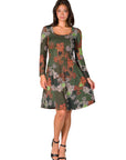 Green Paisley Print Long Sleeve Knee Length Dress