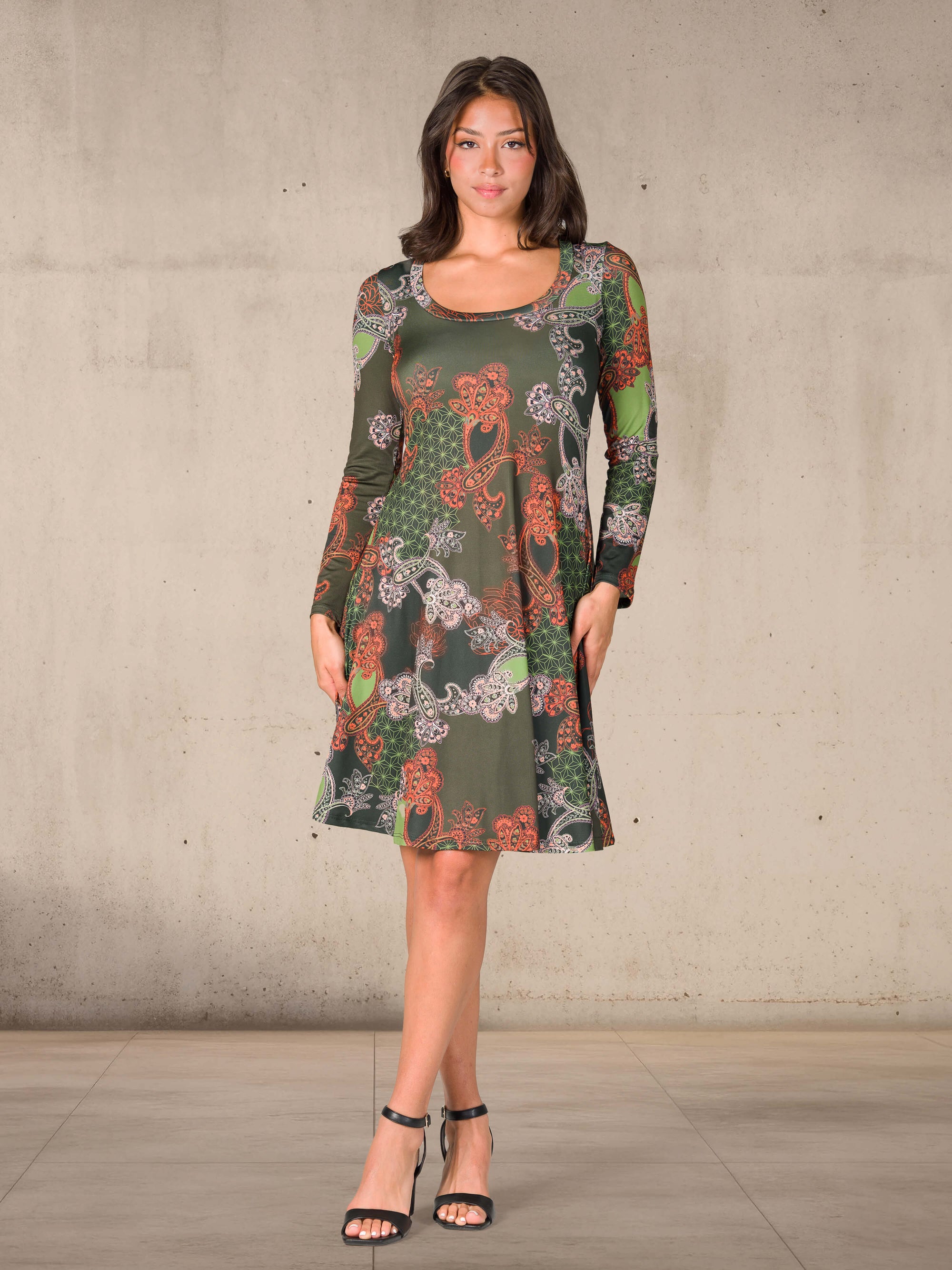 Green Paisley Print Long Sleeve Knee Length Dress