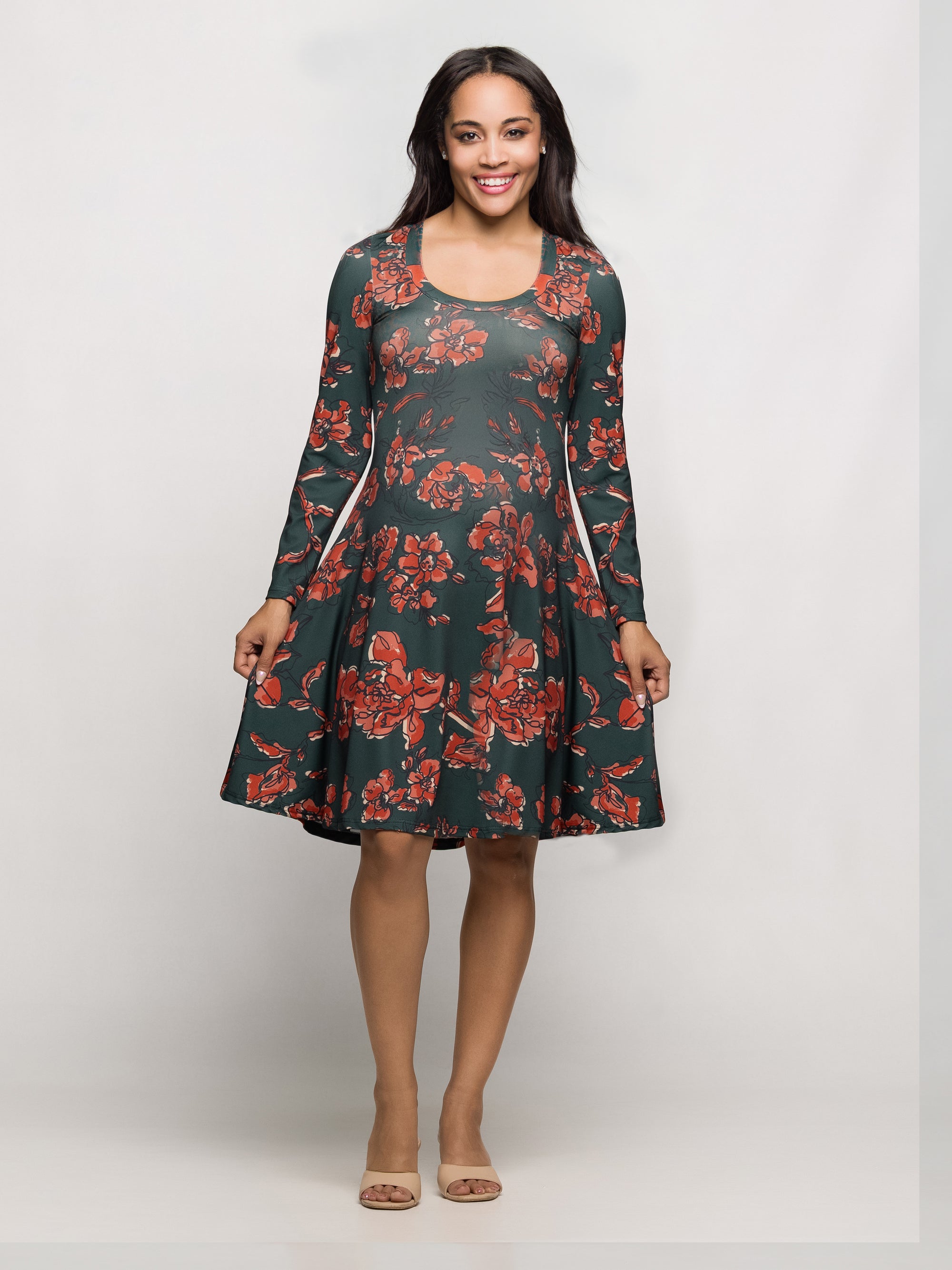 Long Sleeve Fit and Flare Dress in Green Orange Floral Print