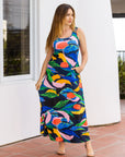 Womens Teal Floral Print Sleeveless Casual Maxi Dress With Pockets