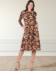 Cheetah Print Long Sleeve Pleated Midi Dress with Pockets