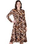 Cheetah Print Long Sleeve Pleated Midi Dress with Pockets