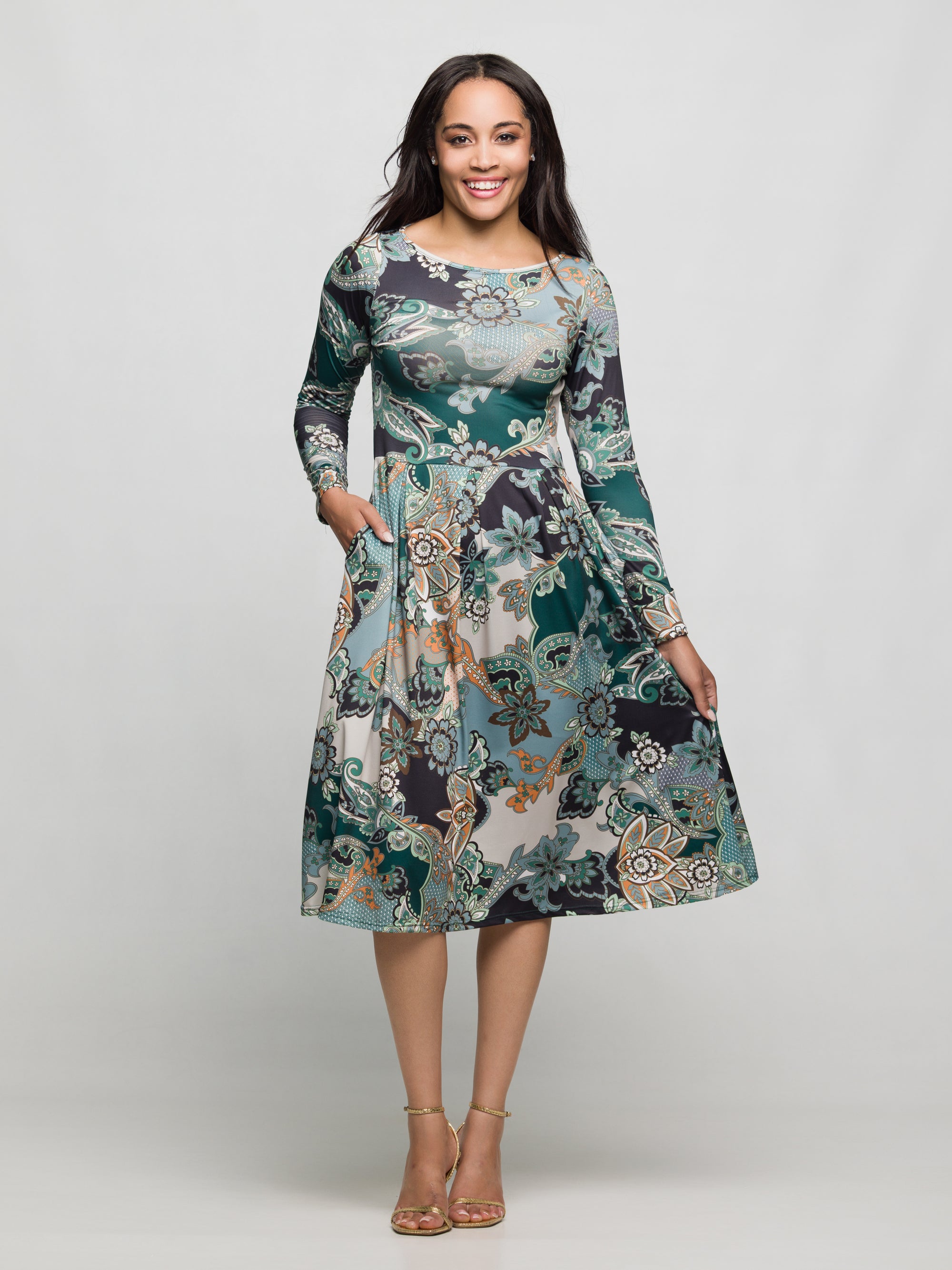 24seven Comfort Apparel Long Sleeve Midi Dress in Teal Paisley Floral Print