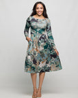 24seven Comfort Apparel Long Sleeve Midi Dress in Teal Paisley Floral Print