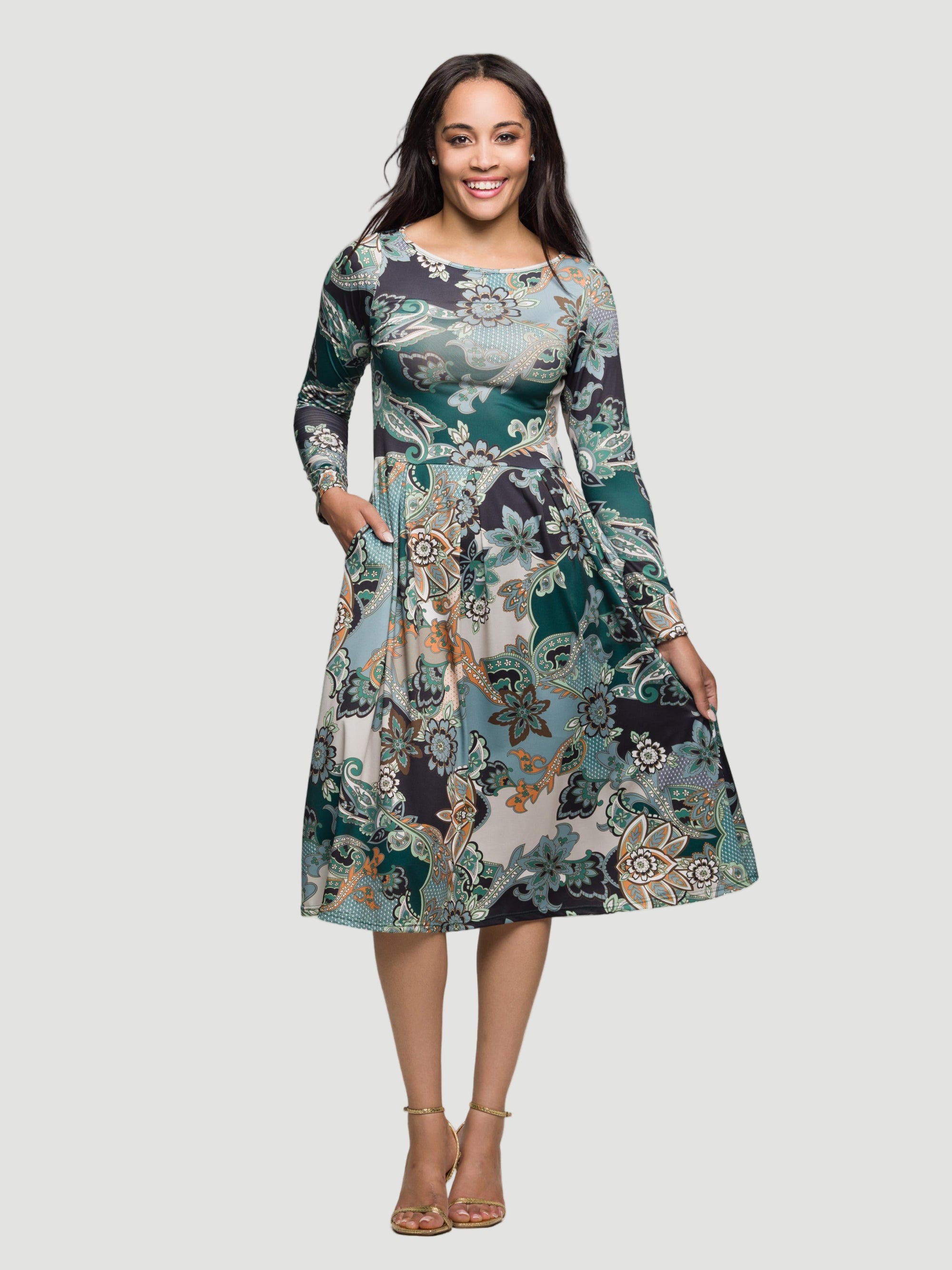 24seven Comfort Apparel Long Sleeve Midi Dress in Teal Paisley Floral Print