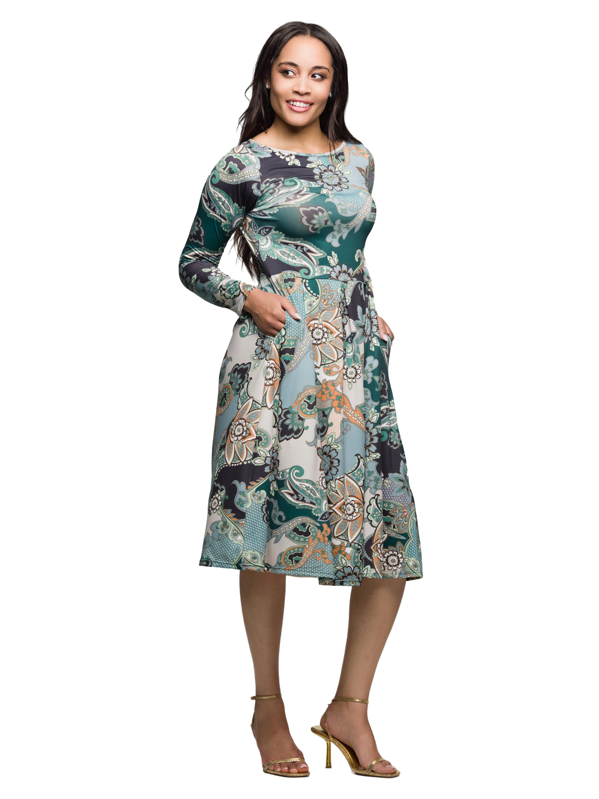 24seven Comfort Apparel Long Sleeve Midi Dress in Teal Paisley Floral Print