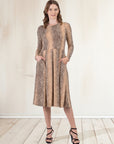 Animal Print Long Sleeve Pleated Midi Dress with Pockets