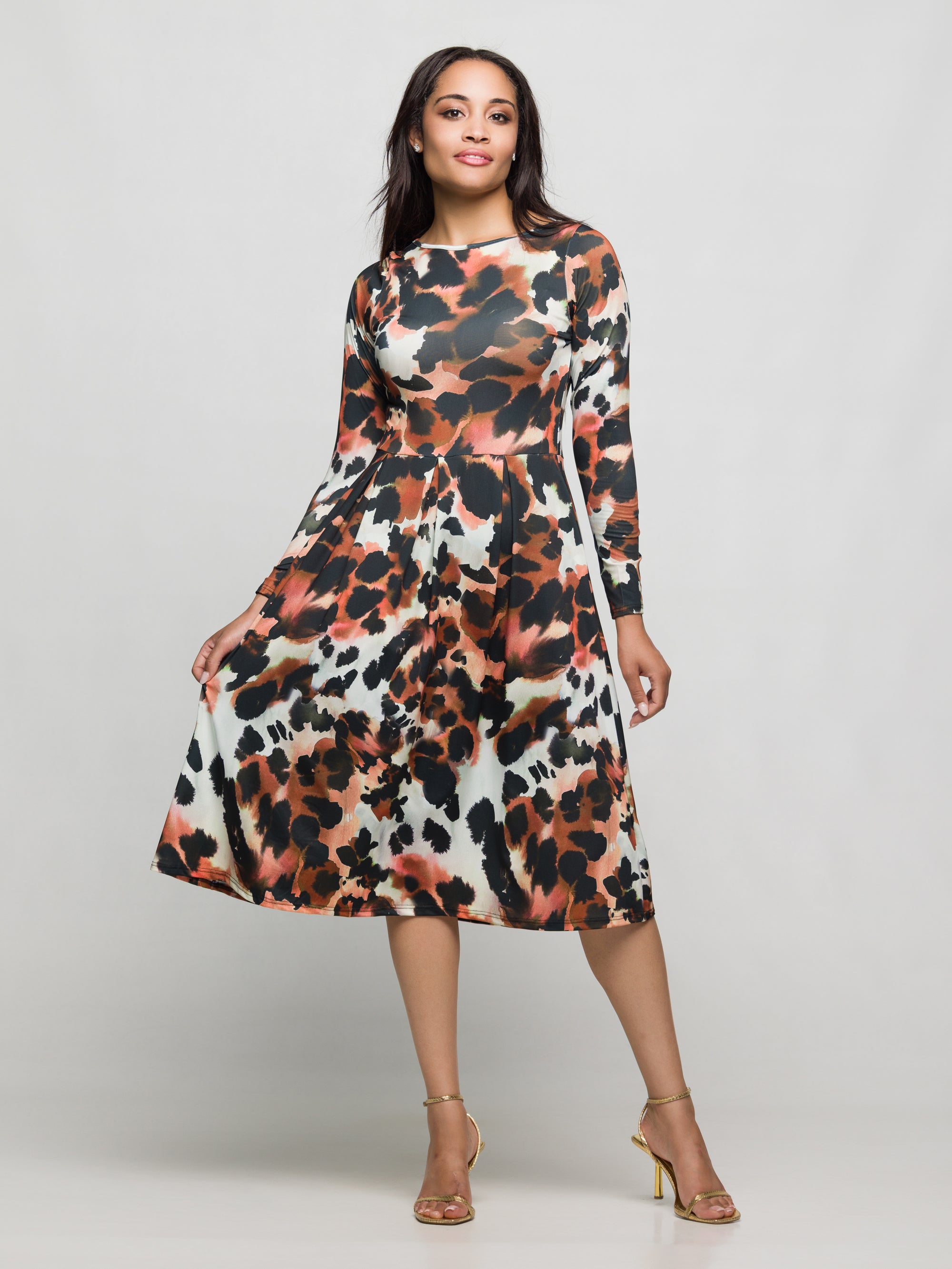 24seven Comfort Apparel Long Sleeve Midi Dress in Animal Print