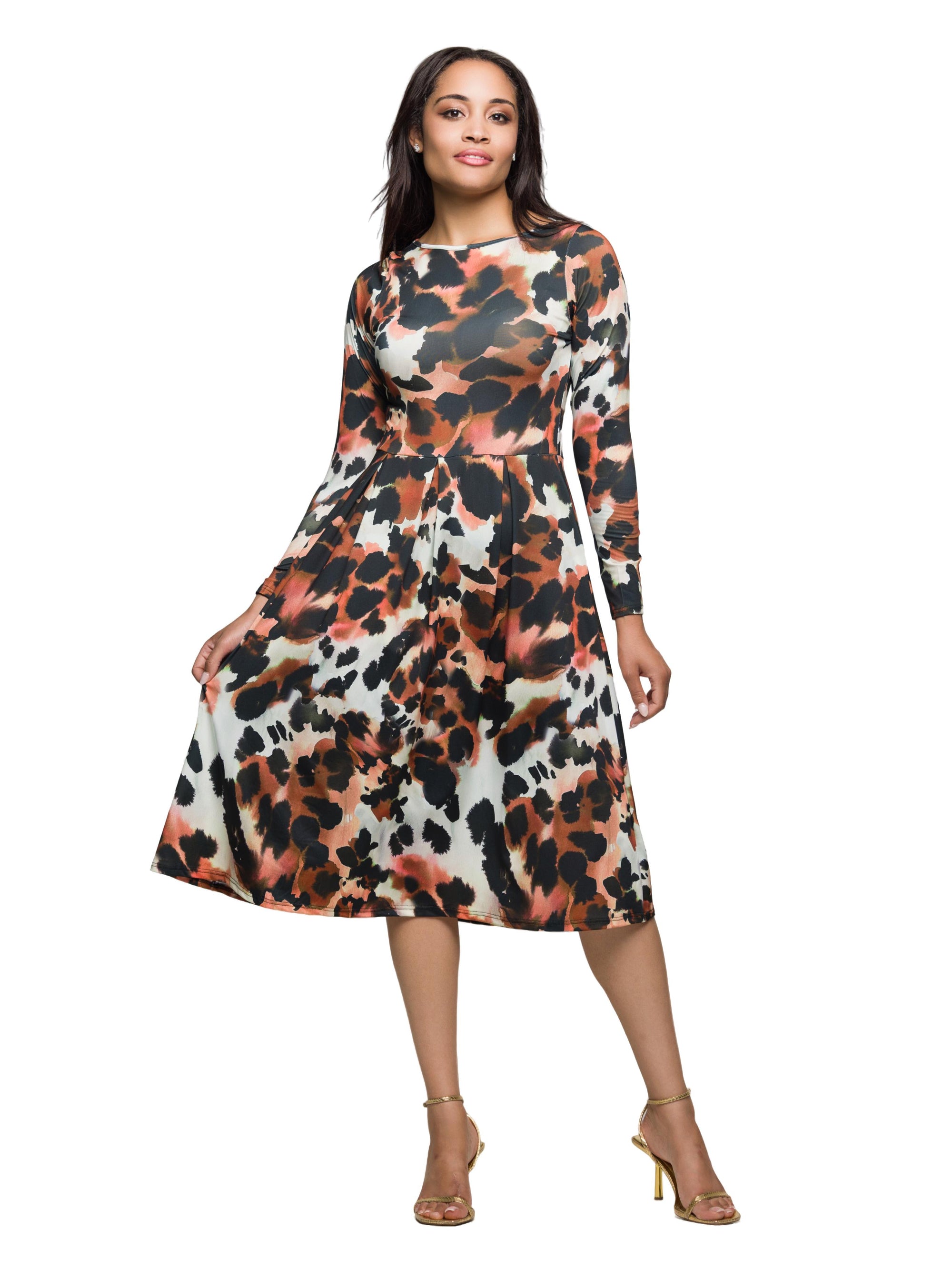 24seven Comfort Apparel Long Sleeve Midi Dress in Animal Print