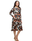 24seven Comfort Apparel Long Sleeve Midi Dress in Animal Print