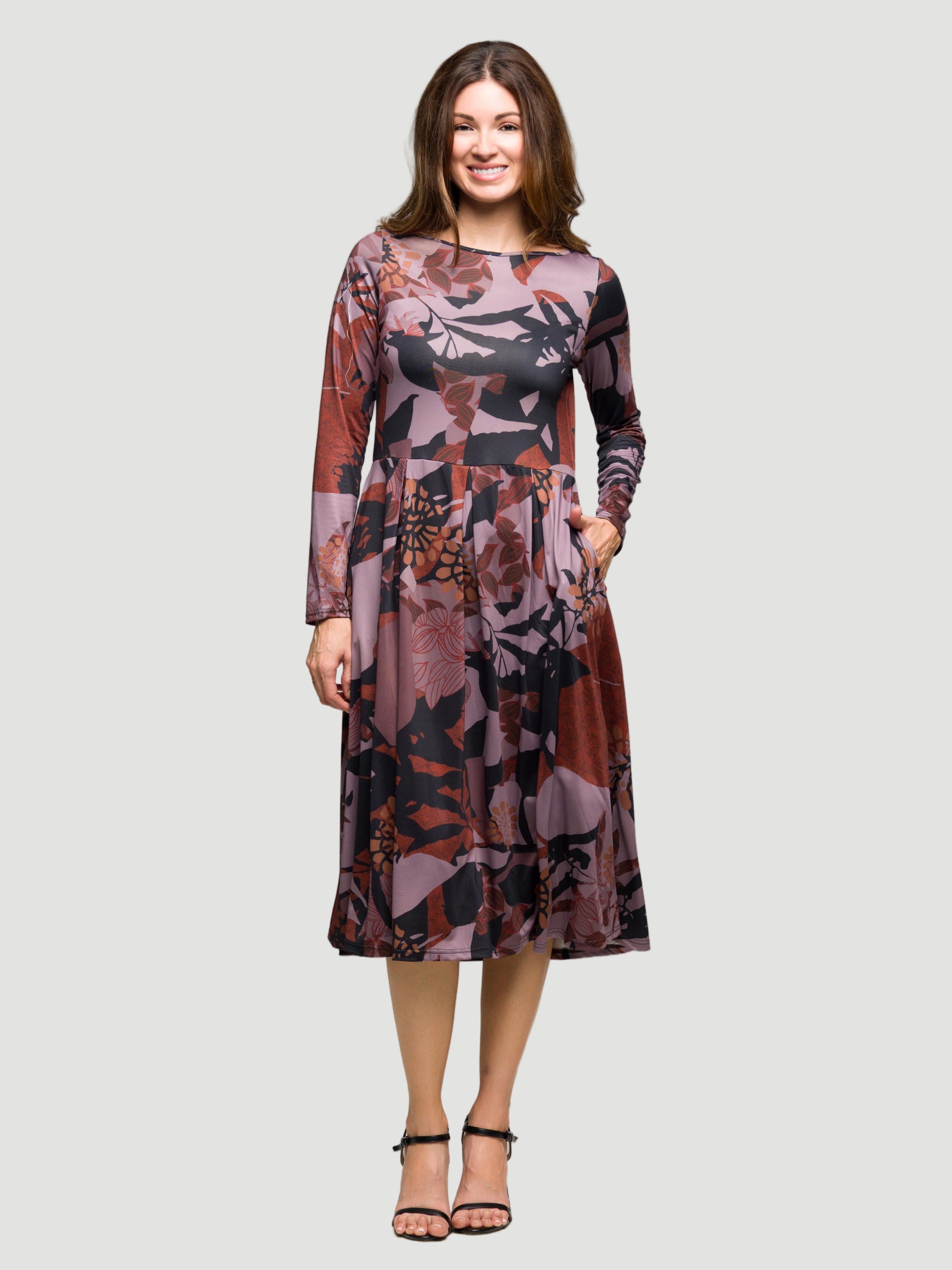 24seven Comfort Apparel Long Sleeve Midi Dress Brown Floral Print