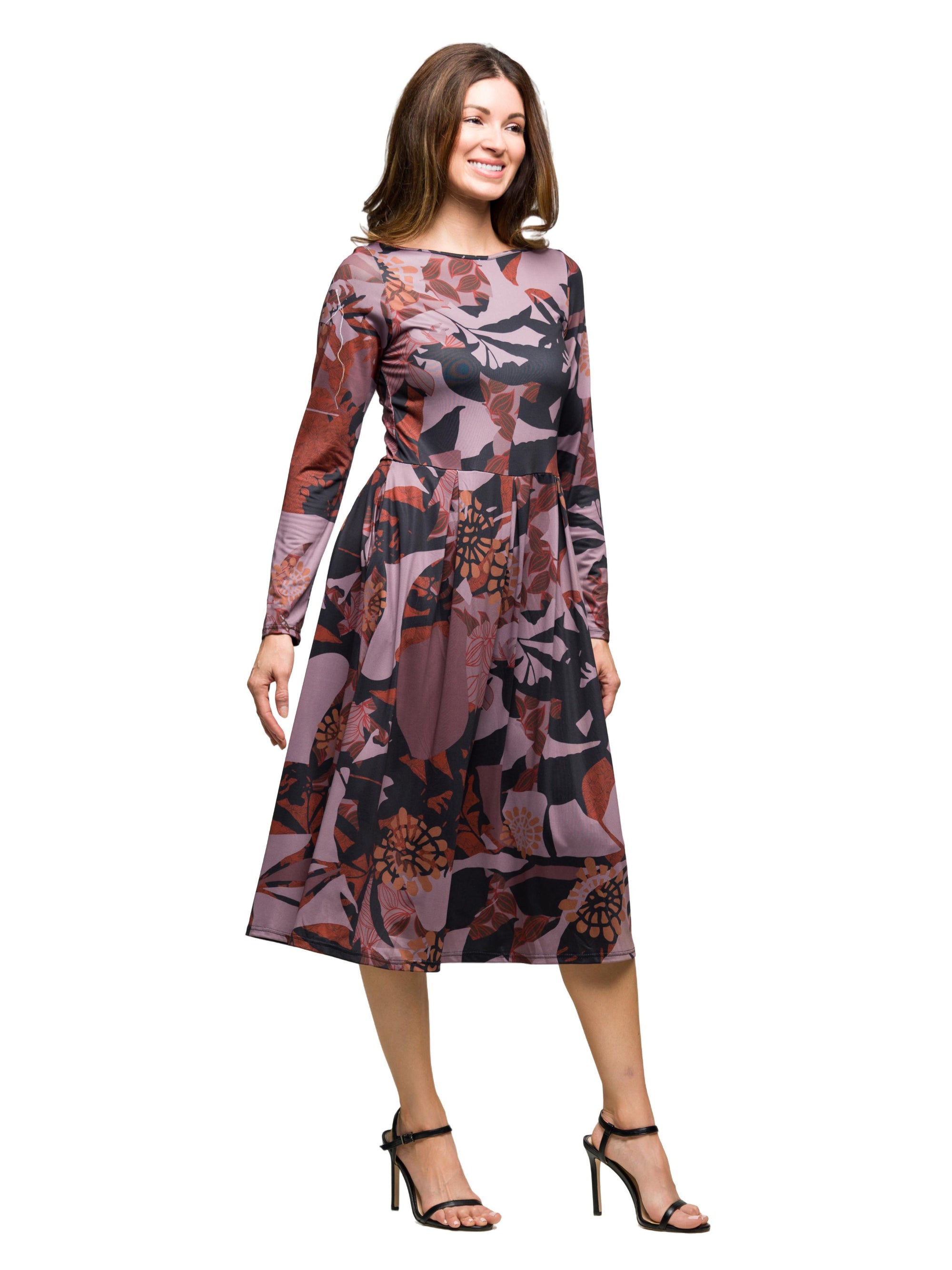 24seven Comfort Apparel Long Sleeve Midi Dress Brown Floral Print