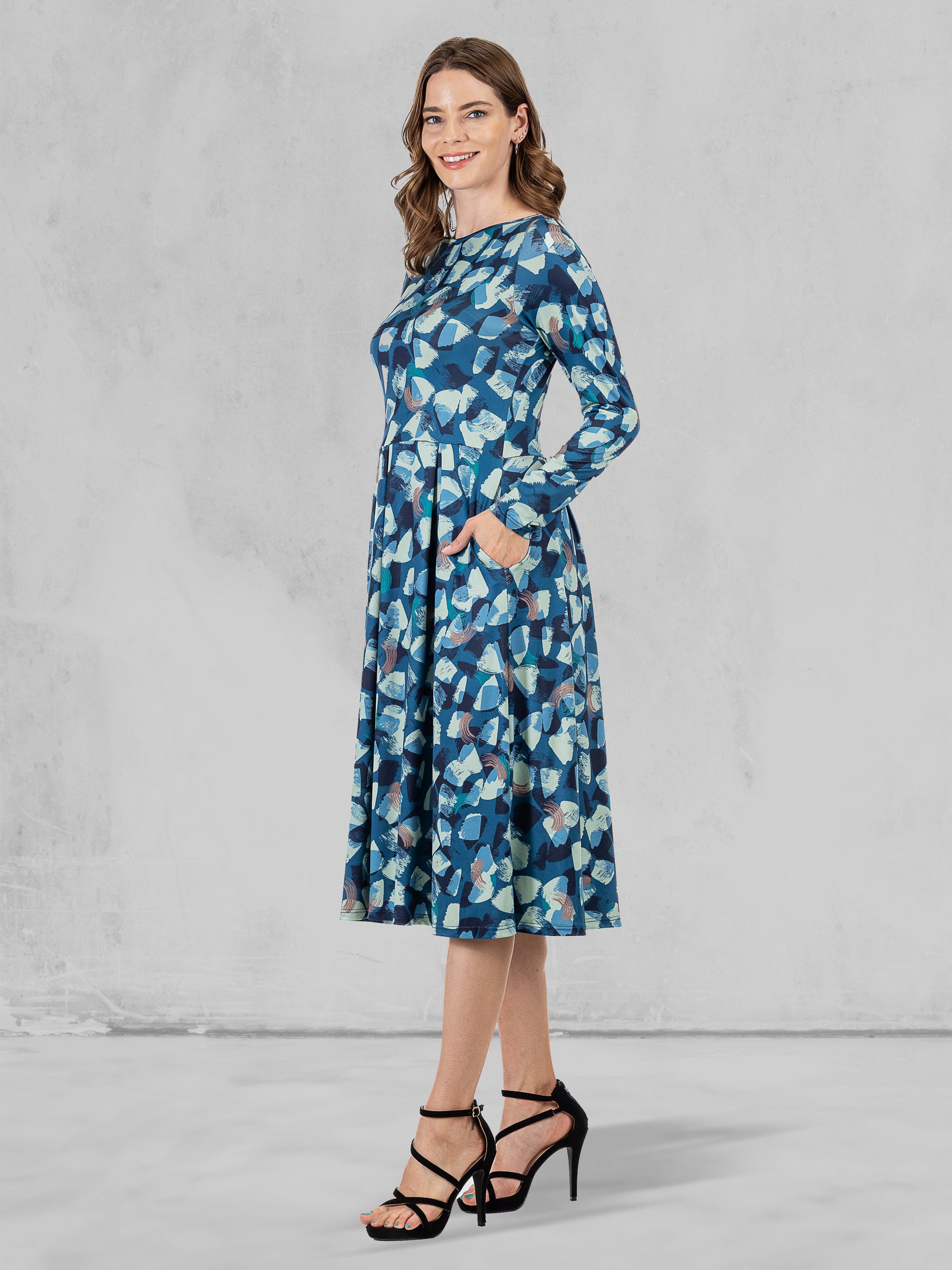 Blue Brushstroke Print Long Sleeve Pleated Midi Dress with Pockets