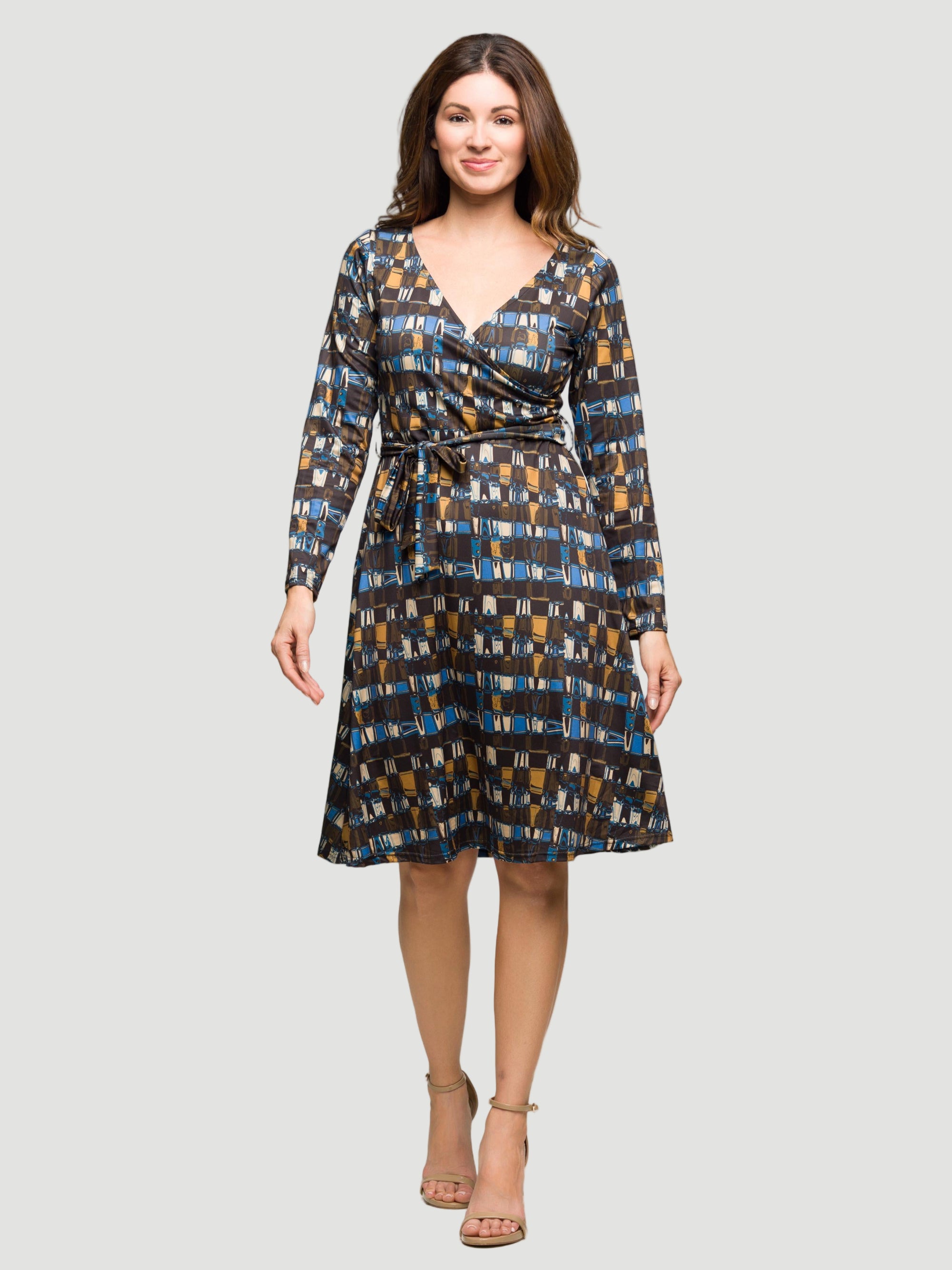 24seven Comfort Apparel Long Sleeve Wrap Dress with Belt in Brown Blue Geometric Print