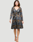 24seven Comfort Apparel Long Sleeve Wrap Dress with Belt in Brown Blue Geometric Print