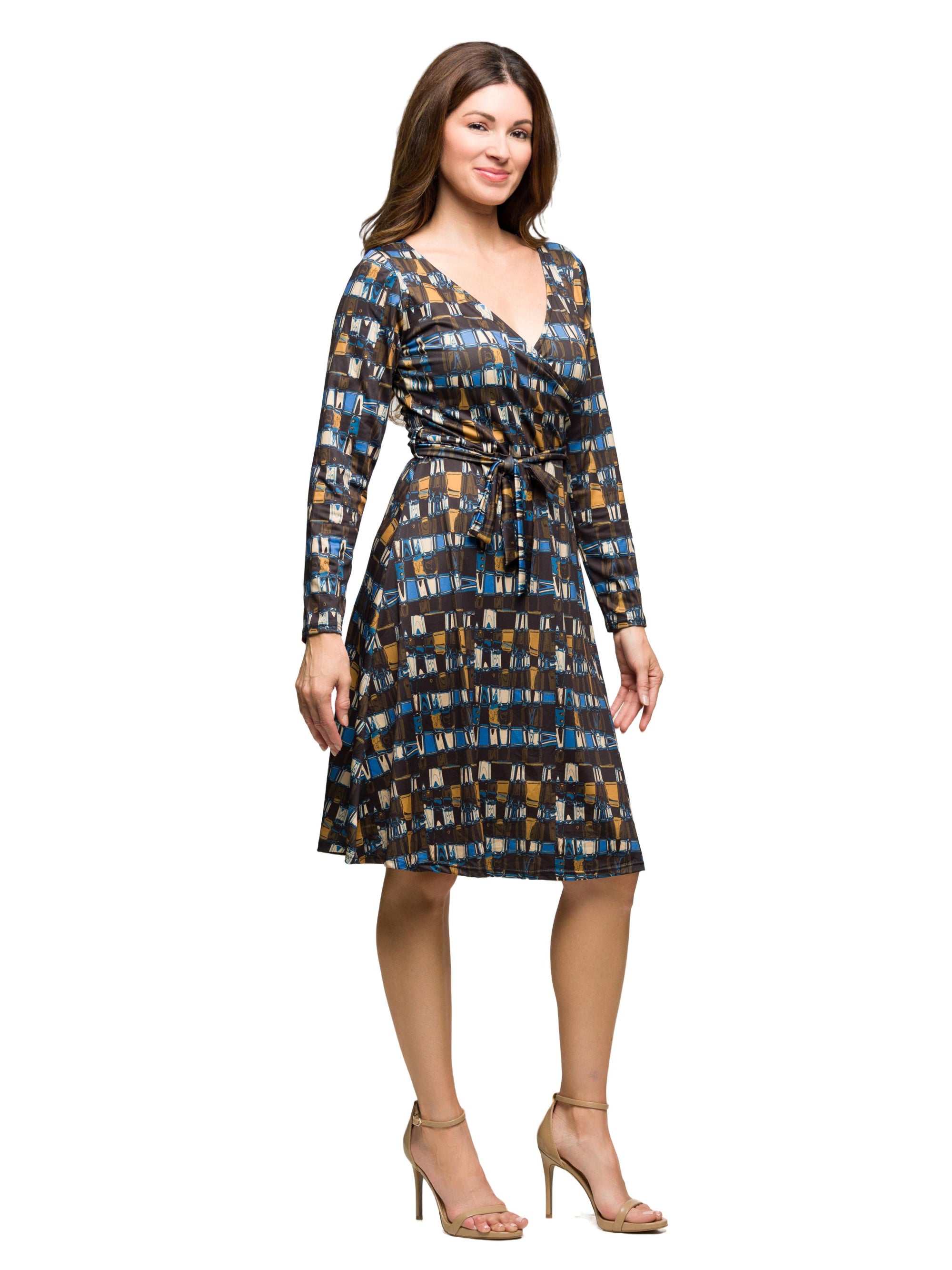 24seven Comfort Apparel Long Sleeve Wrap Dress with Belt in Brown Blue Geometric Print