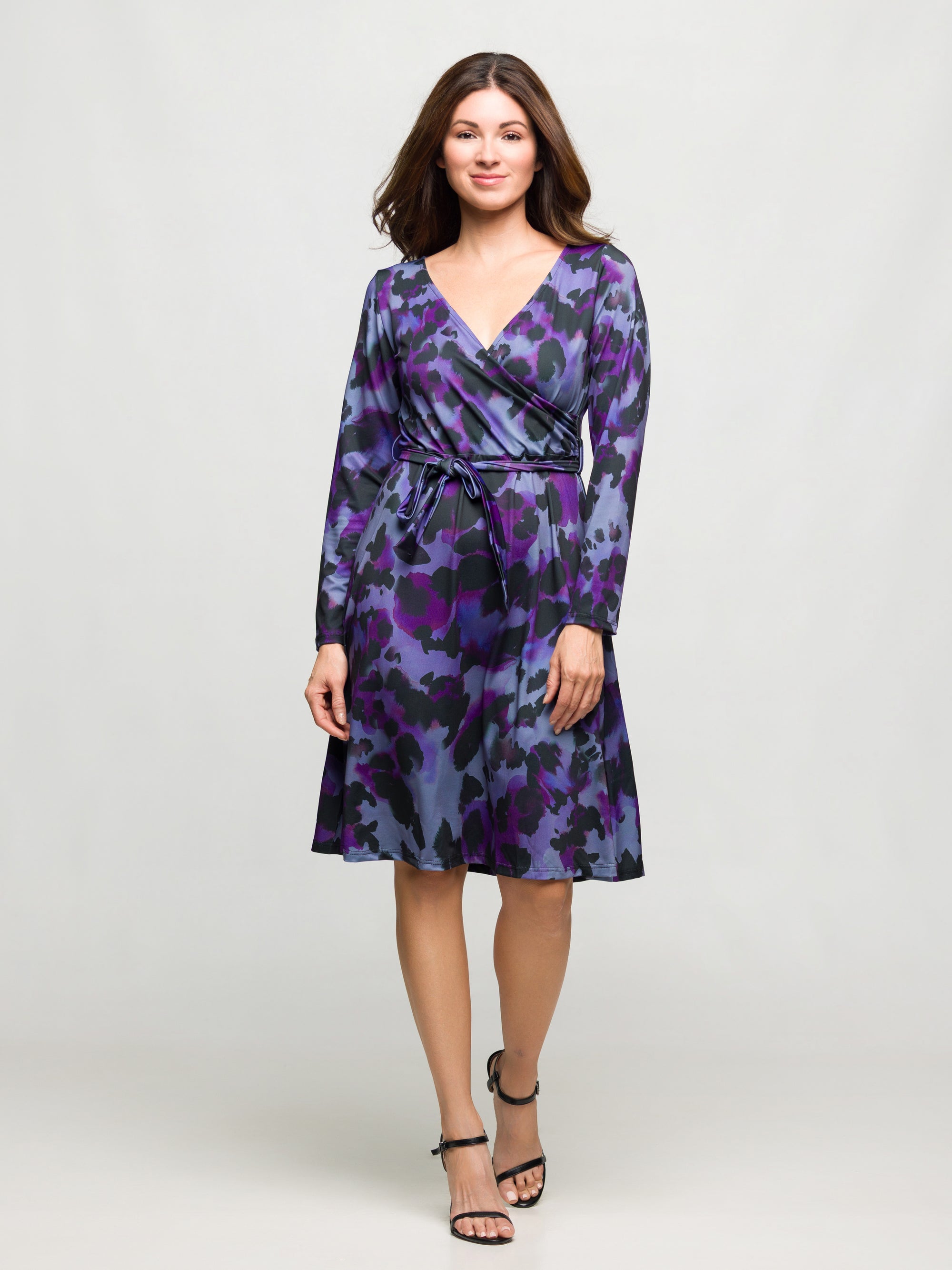 24seven Comfort Apparel Long Sleeve Wrap Dress with Belt  Purple Black Print