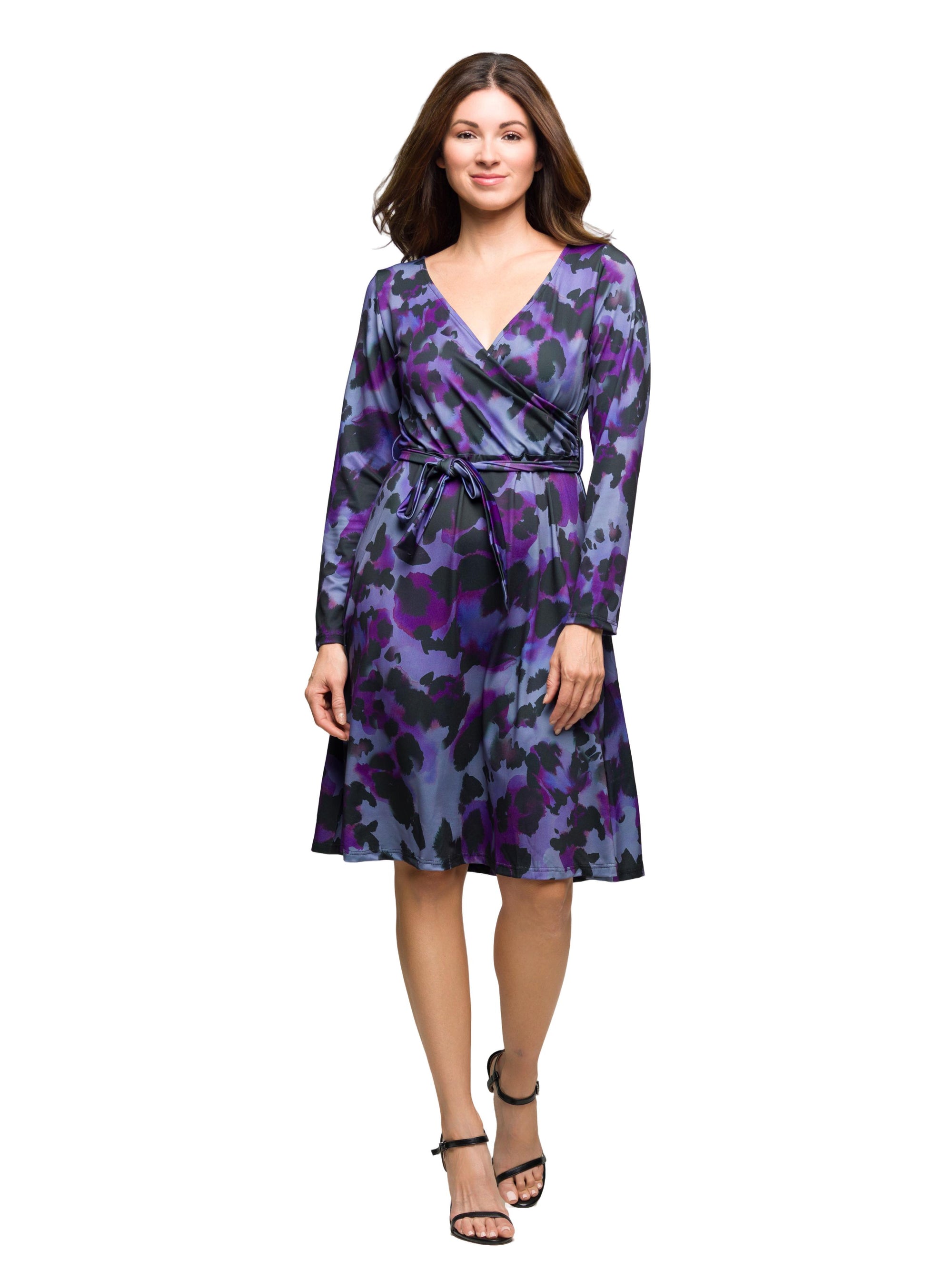 24seven Comfort Apparel Long Sleeve Wrap Dress with Belt  Purple Black Print