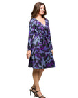 24seven Comfort Apparel Long Sleeve Wrap Dress with Belt  Purple Black Print