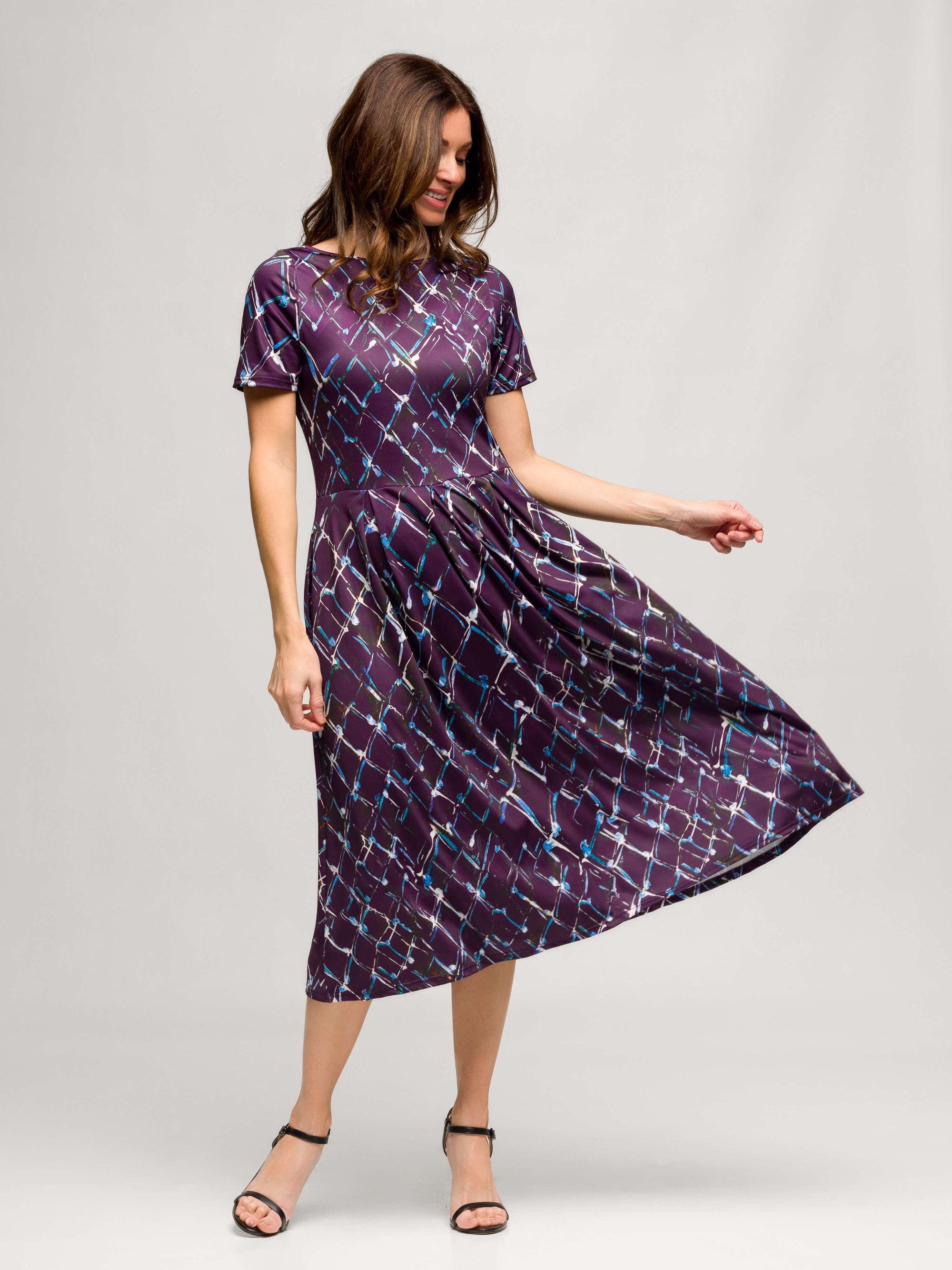 24seven Comfort Apparel Womens Purple Print Short Sleeve Pleated Flare Midi Pocket Dress