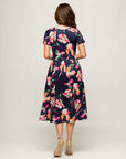 24seven Comfort Apparel Womens Navy Floral Short Sleeve Pleated Flare Midi Pocket Dress