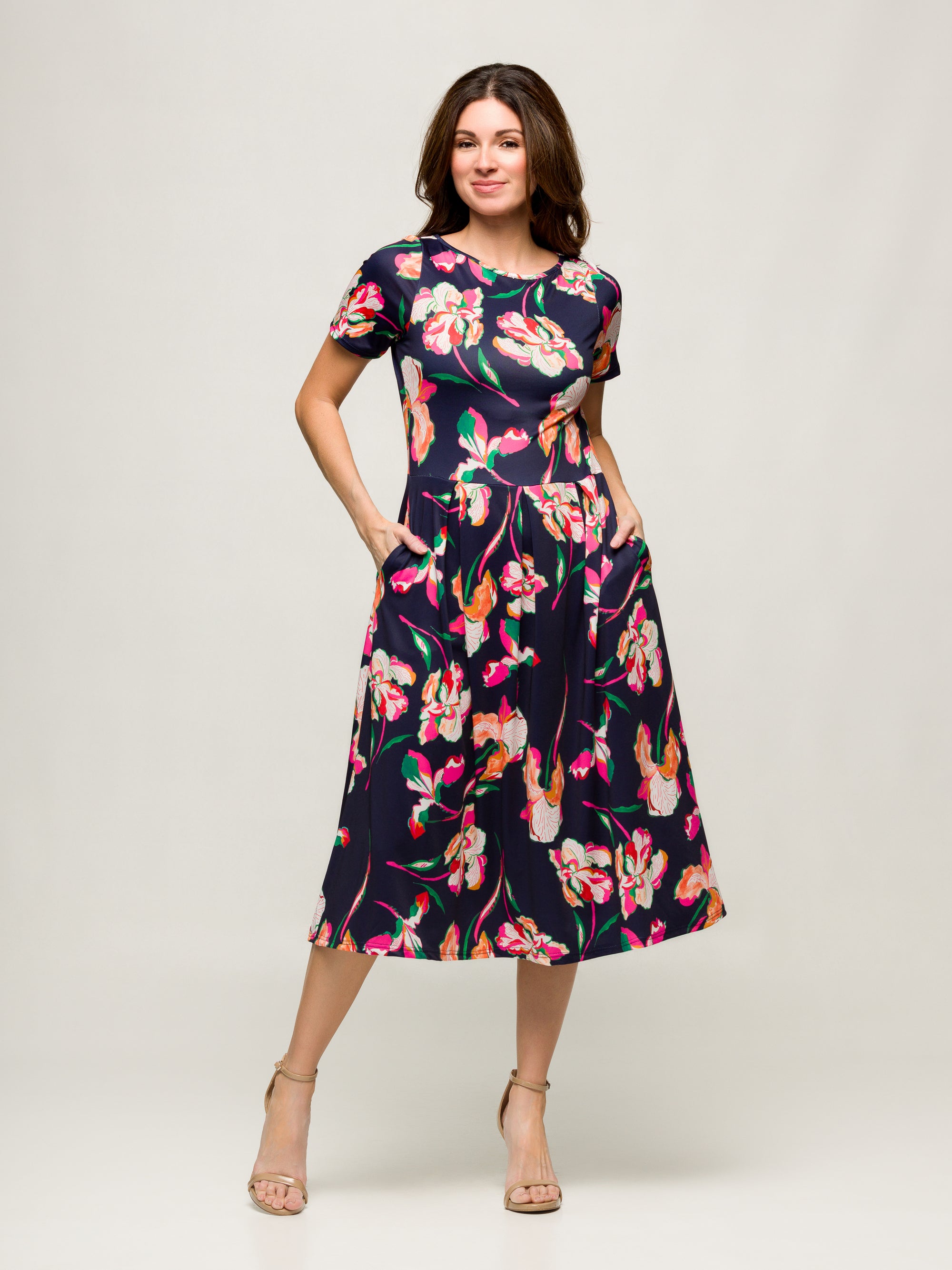 24seven Comfort Apparel Womens Navy Floral Short Sleeve Pleated Flare Midi Pocket Dress