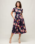 24seven Comfort Apparel Womens Navy Floral Short Sleeve Pleated Flare Midi Pocket Dress