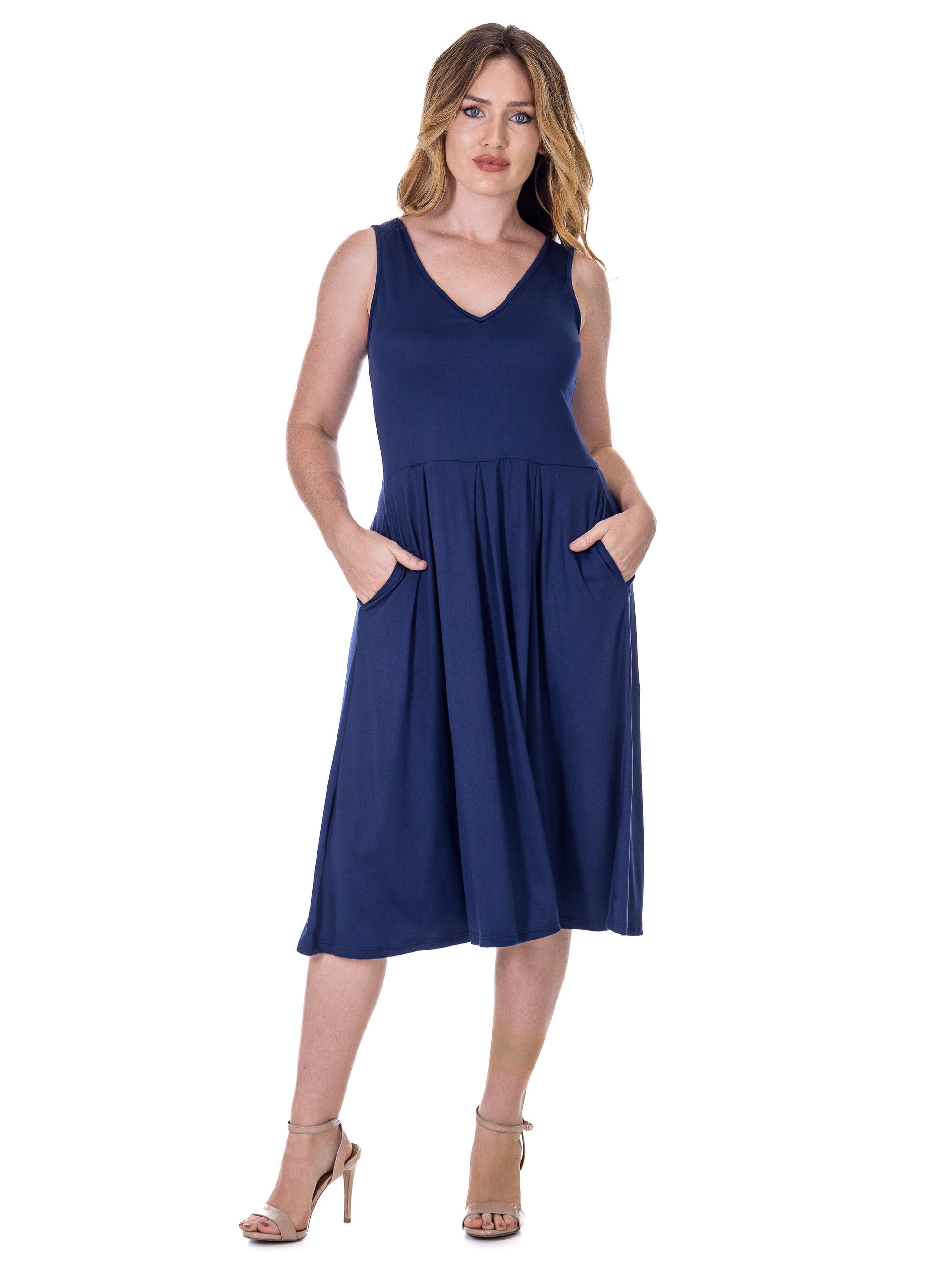 Fit and Flare Midi Sleeveless Dress with Pocket Detail