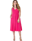 Fit and Flare Midi Sleeveless Dress with Pocket Detail