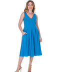 Fit and Flare Midi Sleeveless Dress with Pocket Detail