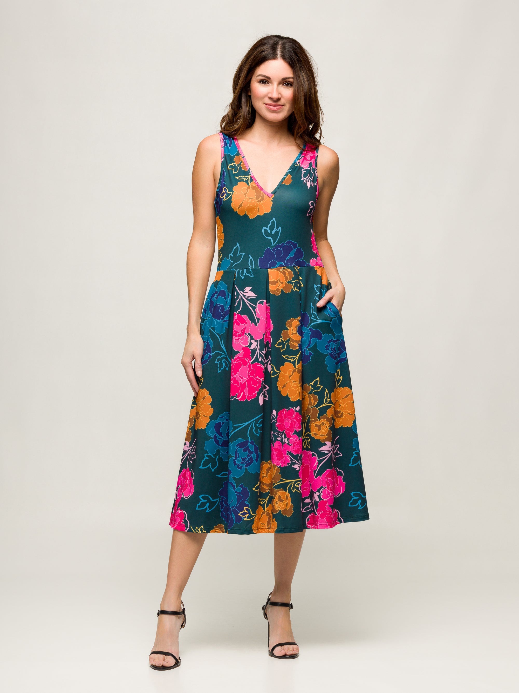 24seven Comfort Apparel Womens Midi Length Blue Floral Print Sleeveless Pleated Pocket Dress