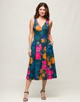24seven Comfort Apparel Womens Midi Length Blue Floral Print Sleeveless Pleated Pocket Dress