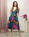 24seven Comfort Apparel Womens Midi Length Blue Floral Print Sleeveless Pleated Pocket Dress
