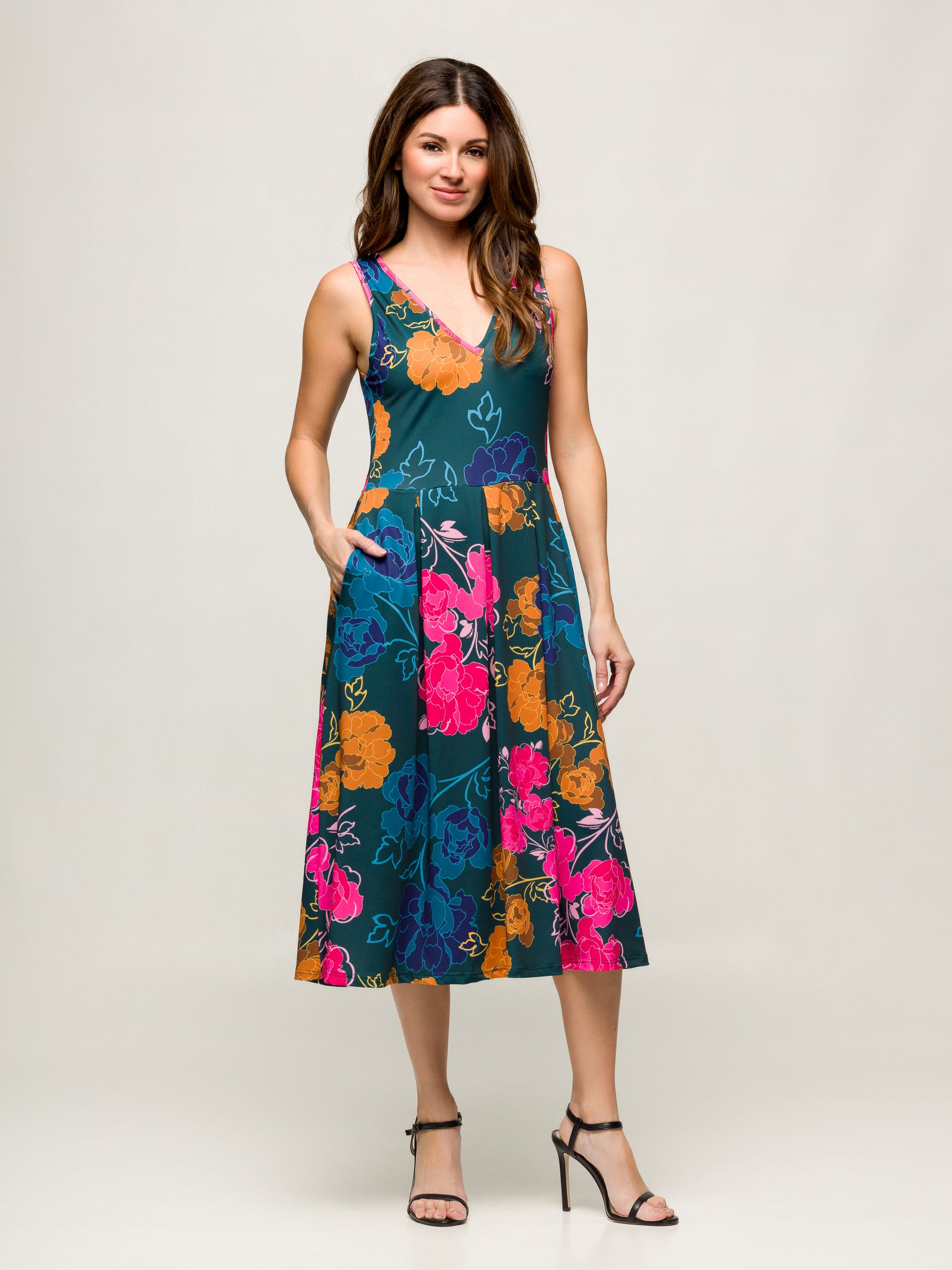 24seven Comfort Apparel Womens Midi Length Blue Floral Print Sleeveless Pleated Pocket Dress