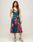 24seven Comfort Apparel Womens Midi Length Blue Floral Print Sleeveless Pleated Pocket Dress