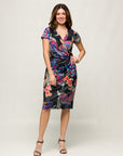 24seven Comfort Apparel Black Paisley Knee Length Short Sleeve Faux Wrap Dress