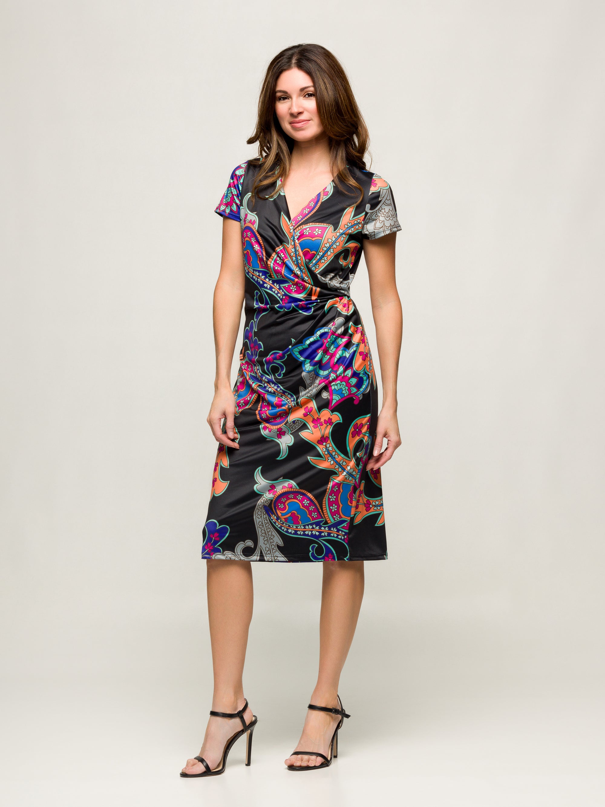 24seven Comfort Apparel Black Paisley Knee Length Short Sleeve Faux Wrap Dress