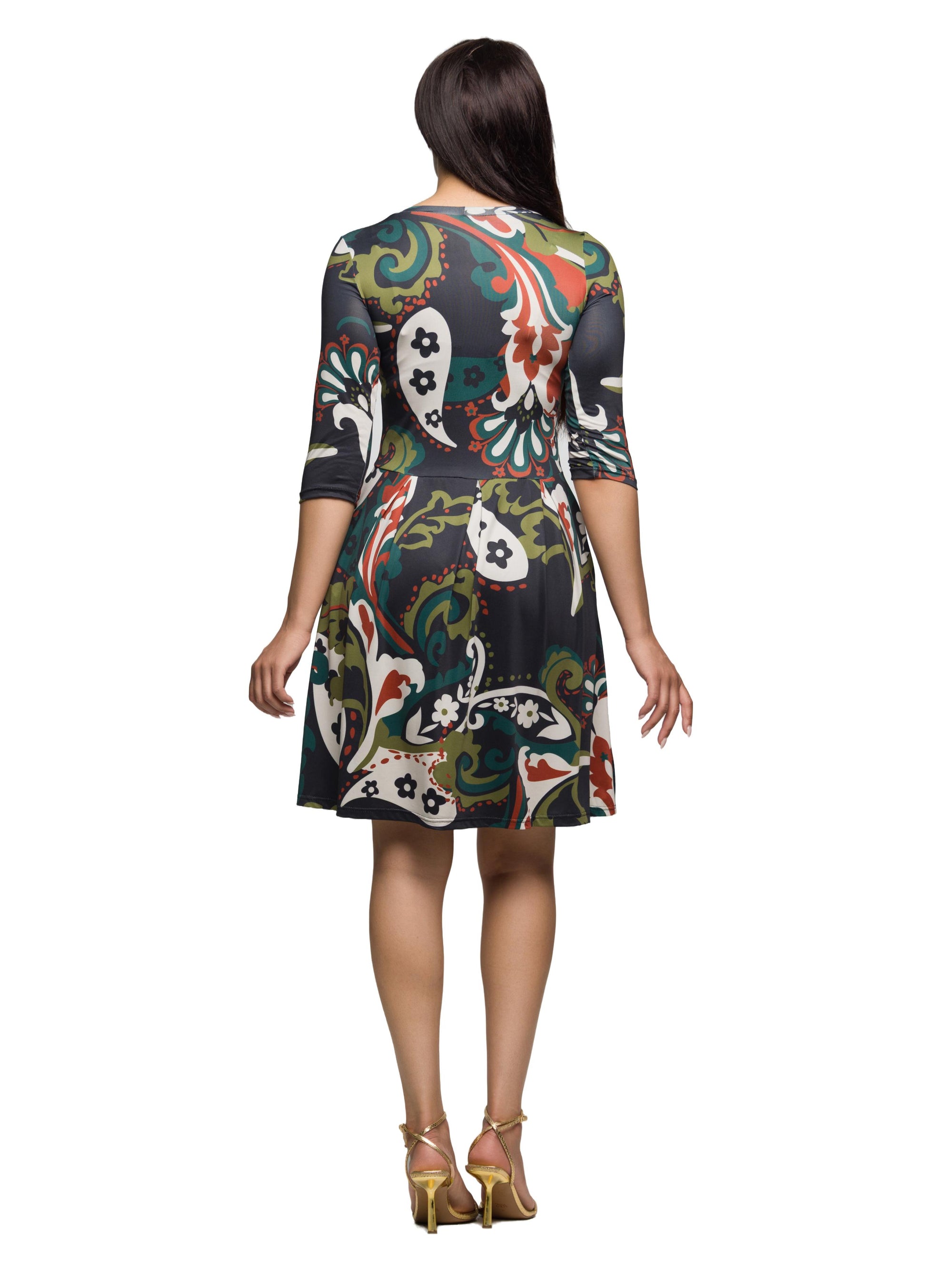 24seven Comfort Apparel Three Quarter Sleeve Fit and Flare Dress in Green Multi Paisley Print