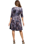 24seven Comfort Apparel Three Quarter Sleeve Fit and Flare Dress in Grey Print