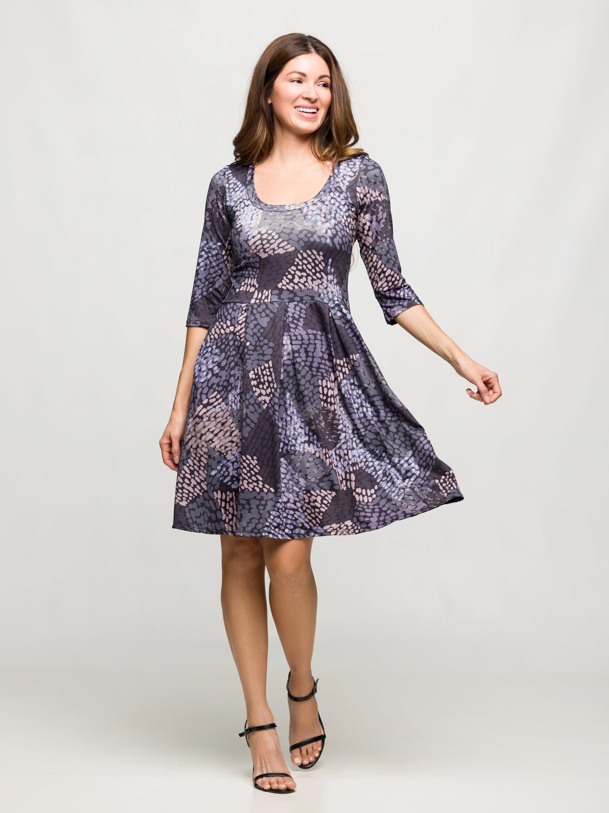 24seven Comfort Apparel Three Quarter Sleeve Fit and Flare Dress in Grey Print
