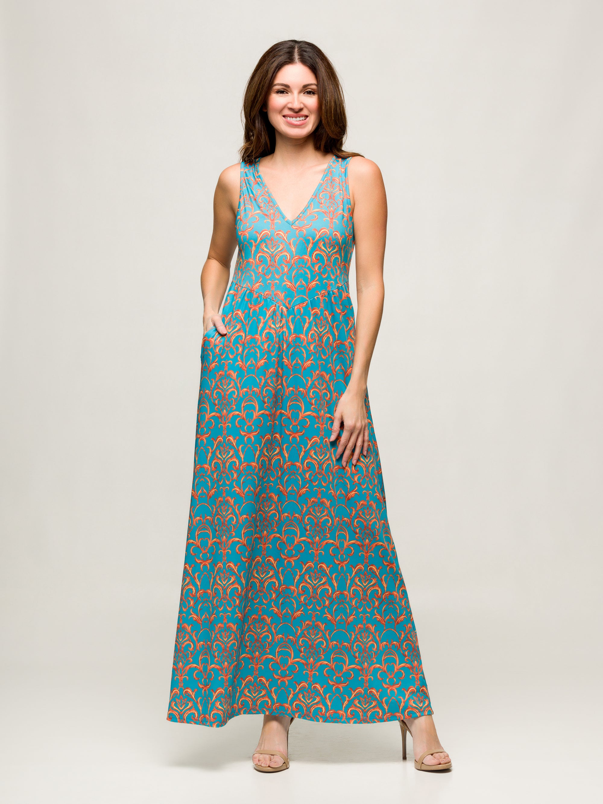 24seven Comfort Apparel Sky Blue Sleeveless V Neck Maxi Dress With Pockets