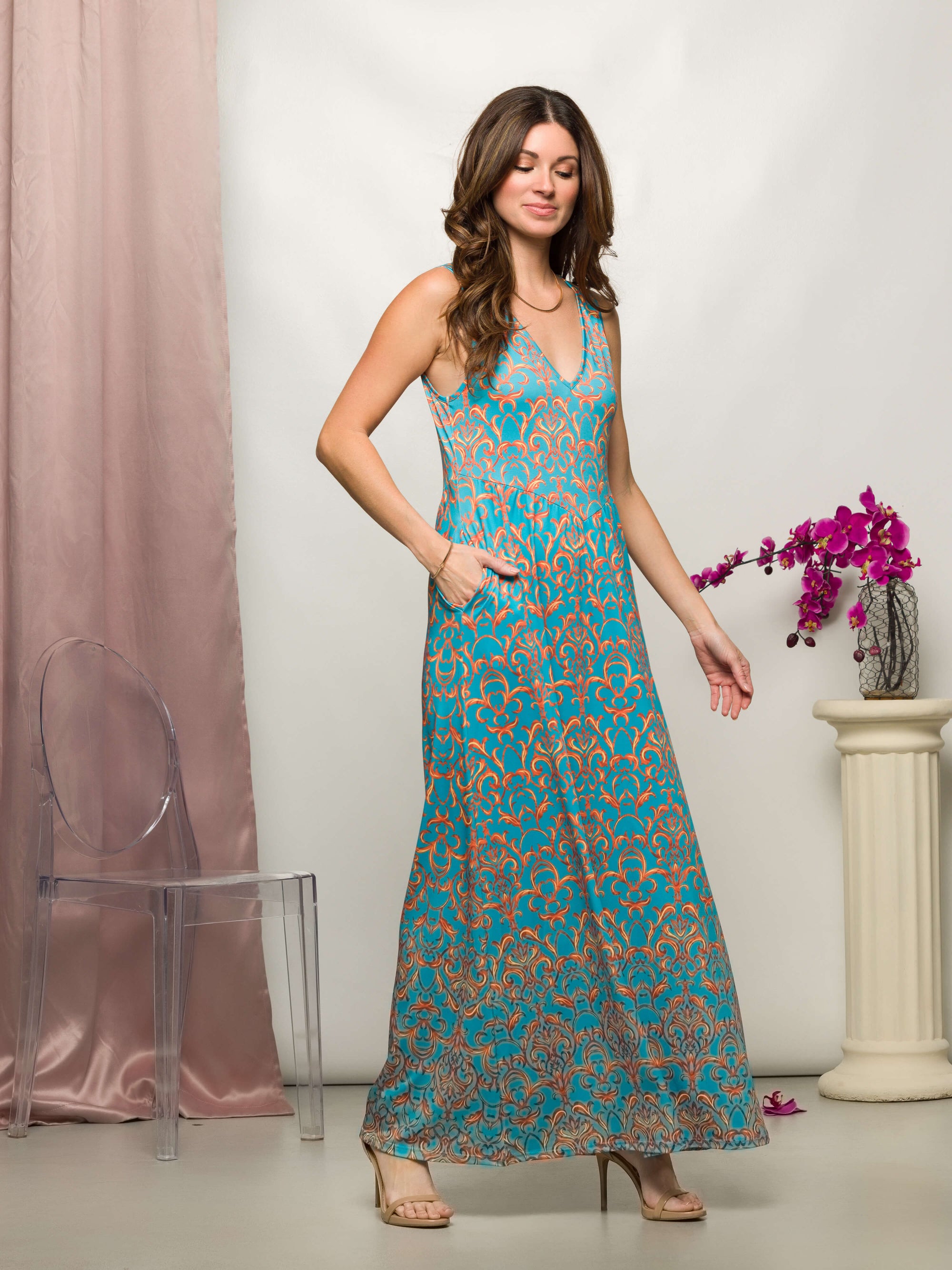 24seven Comfort Apparel Sky Blue Sleeveless V Neck Maxi Dress With Pockets