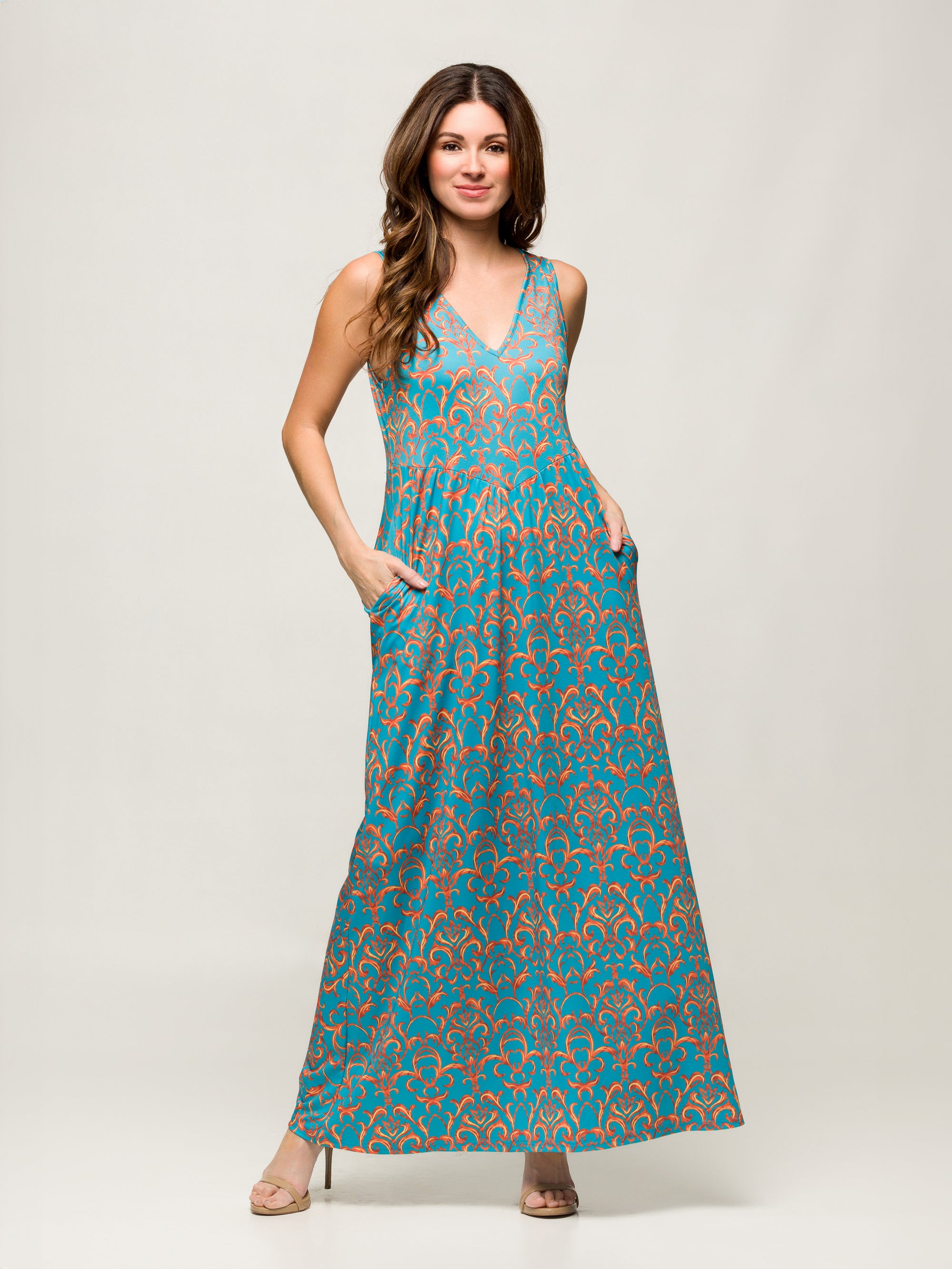 24seven Comfort Apparel Sky Blue Sleeveless V Neck Maxi Dress With Pockets