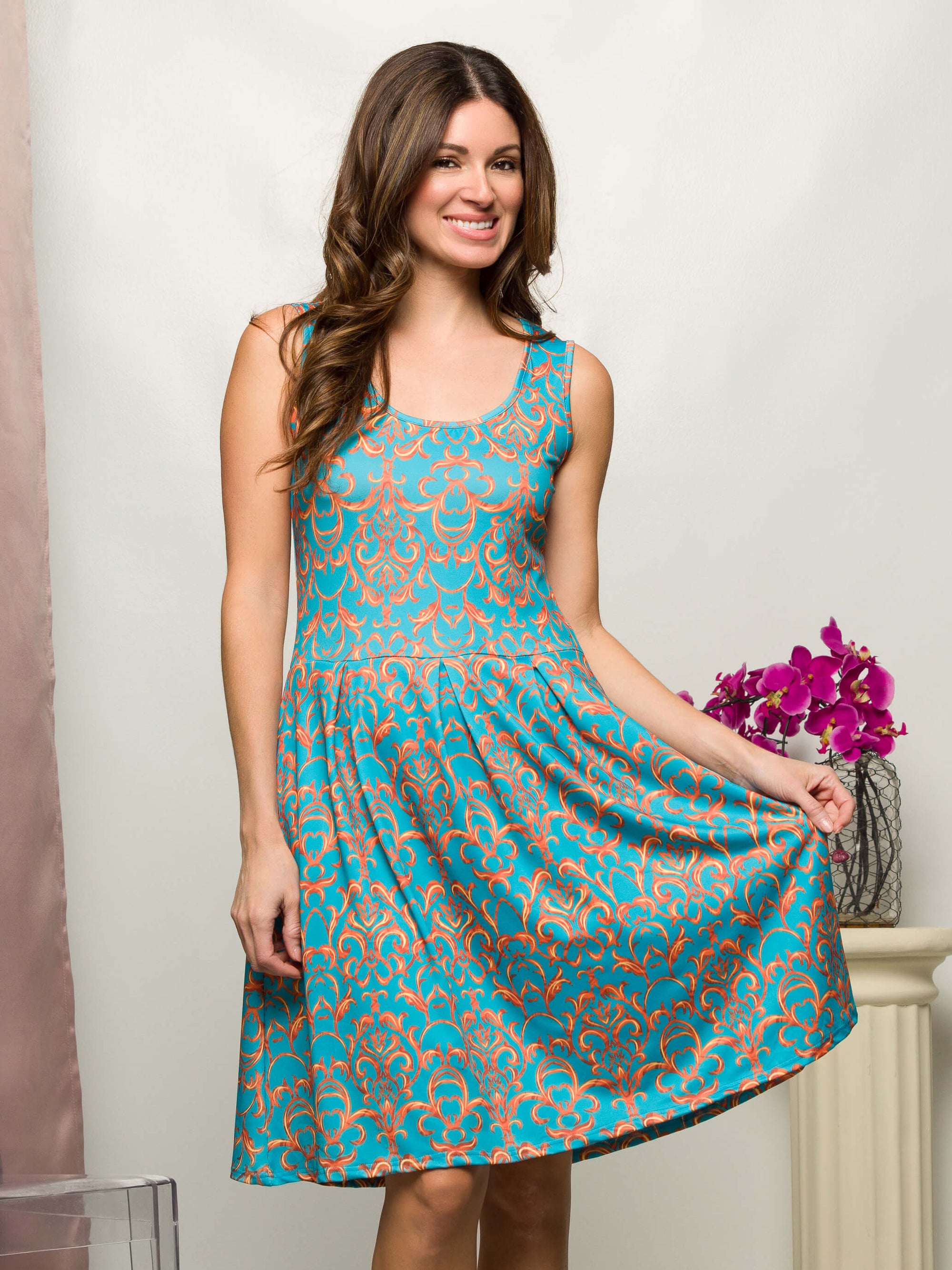 24seven Comfort Apparel Sky Blue Sleeveless Pleated Knee Length Pocket Dress