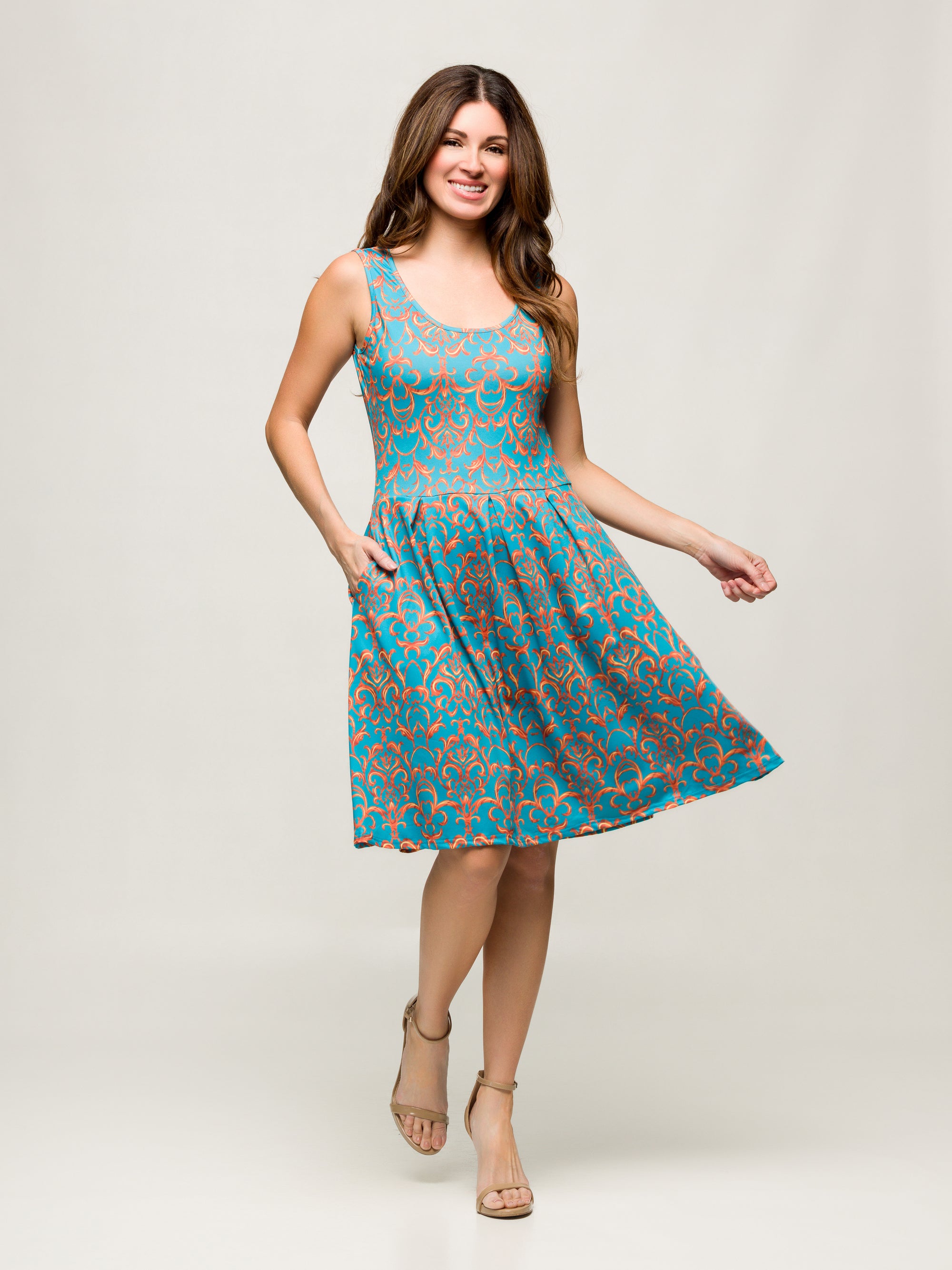 24seven Comfort Apparel Sky Blue Sleeveless Pleated Knee Length Pocket Dress