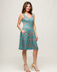 24seven Comfort Apparel Sky Blue Sleeveless Pleated Knee Length Pocket Dress