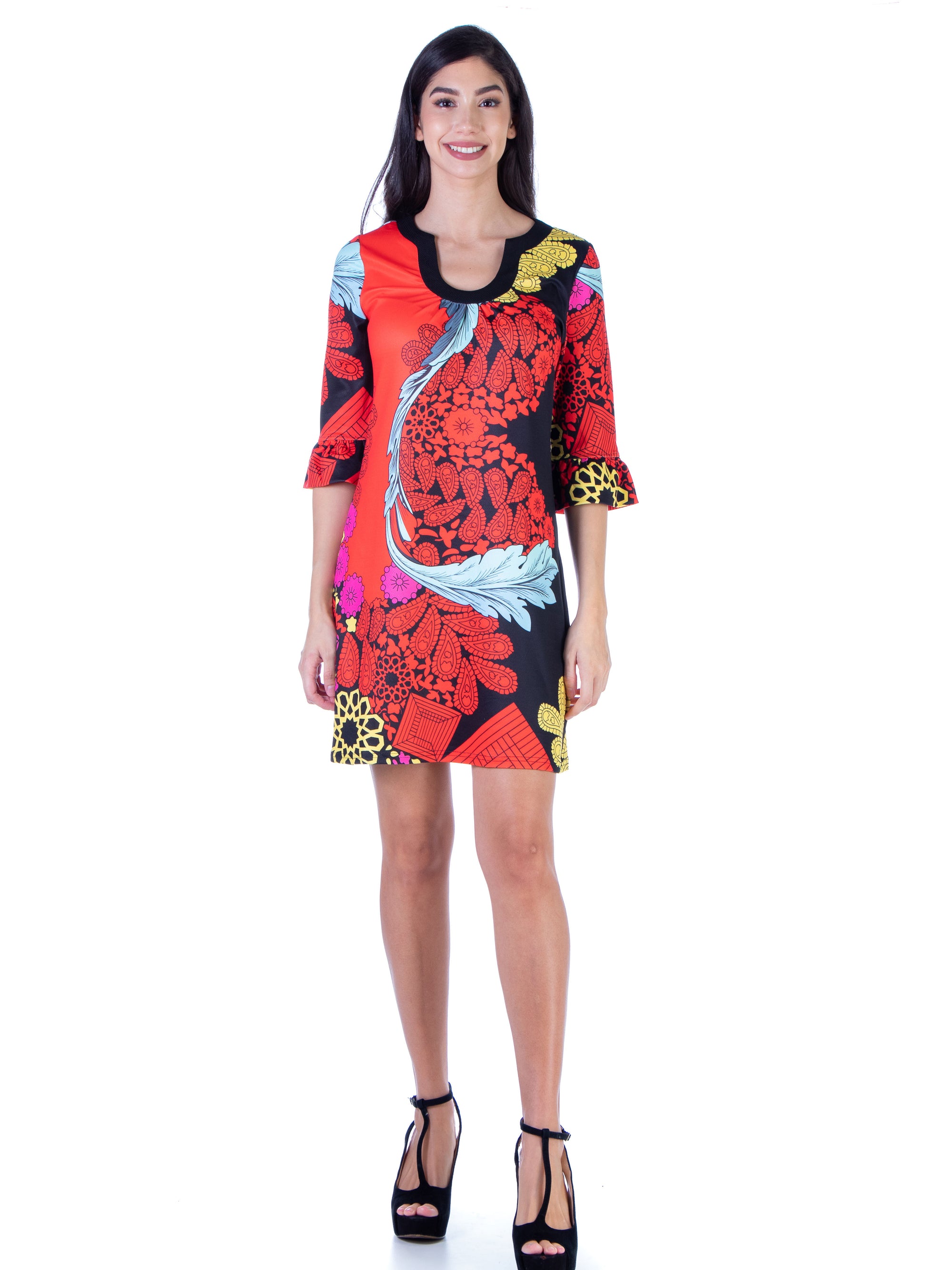24seven Comfort Apparel Red Paisley Elbow Sleeve Knee Length Shift Dress