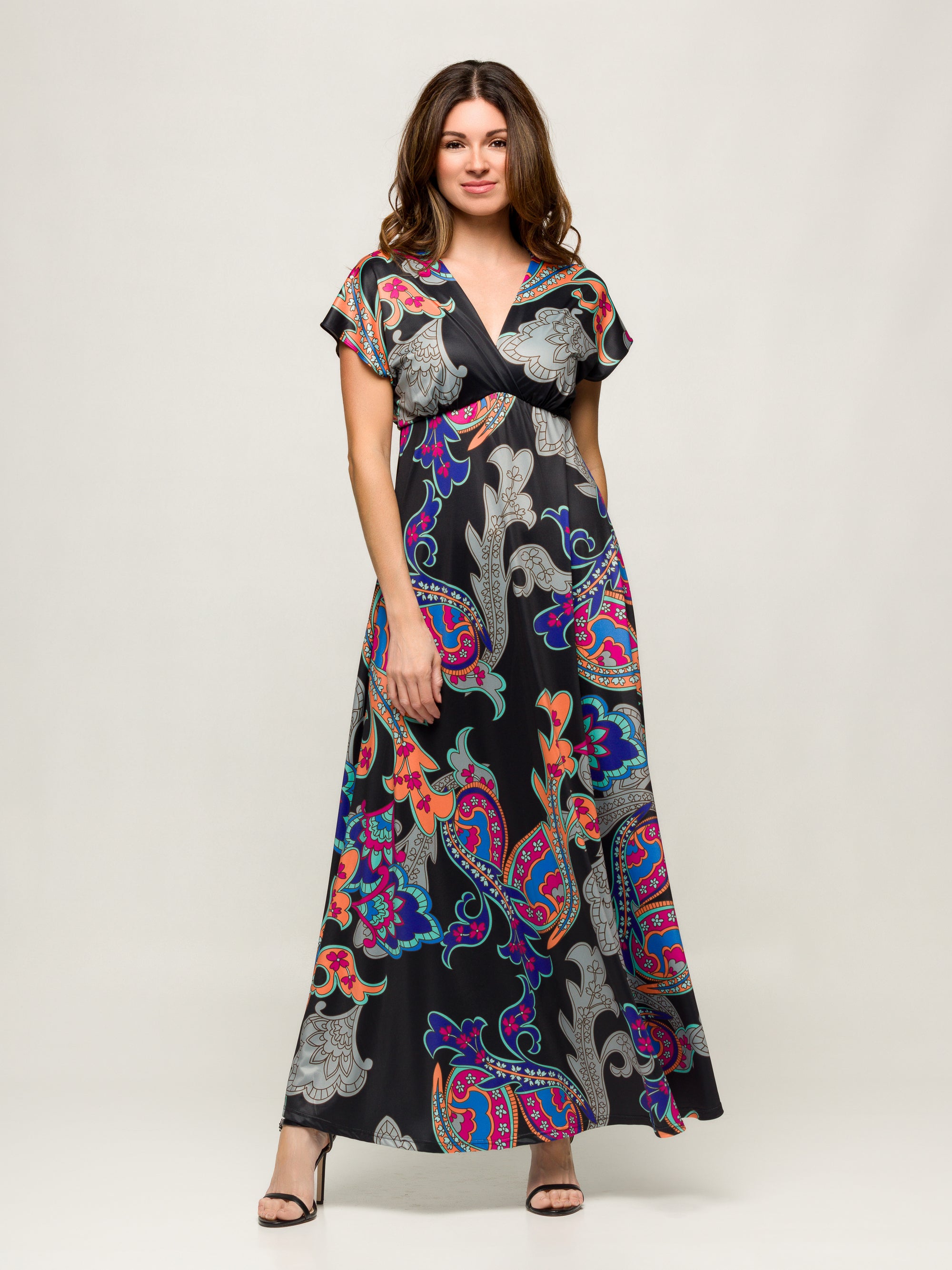 24seven Comfort Apparel Womens Black Paisley Print V Neck Empire Waist Cap Sleeve Maxi Dress