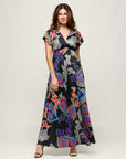 24seven Comfort Apparel Womens Black Paisley Print V Neck Empire Waist Cap Sleeve Maxi Dress